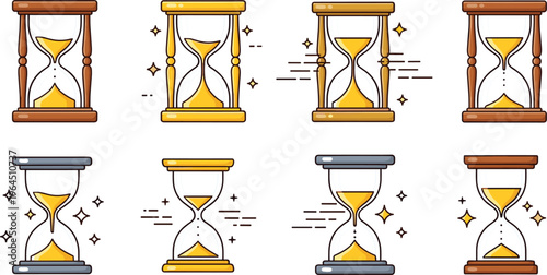 Hourglass sand timer collection time management countdown concept vintage clock cartoon flat vector illustration set isolated