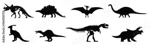 Various Dinosaur Species Silhouettes Collection Black of Prehistoric. Black silhouette Velociraptor dinosaurs in a grid, representing prehistoric times, ancient predators, vector illustration.