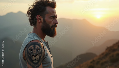 Man with lion tattoo gazing at sunset mountains in profile  