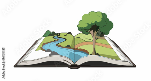 Open Book with River and Green Tree Nature Concept Vector Illustration