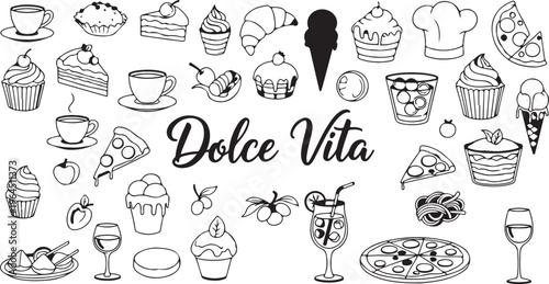 Dolce Vita  various food and drink items illustrations including desserts and beverages  sweet treat
