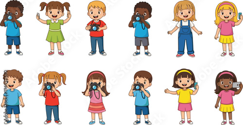 Diverse Cartoon Children Character Set Featuring Kids Taking Selfies with Smartphones and Using Digital Cameras for Modern Photography and Social Media Education Designs