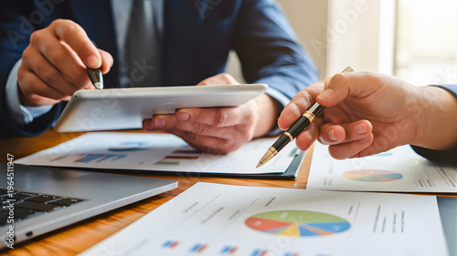 Close-up of business hands reviewing financial reports and charts, engaging in strategic planning and data analysis for future business development
