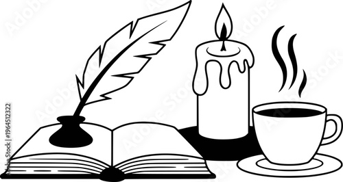 Open book quill pen inkwell burning candle and steaming coffee cup saucer