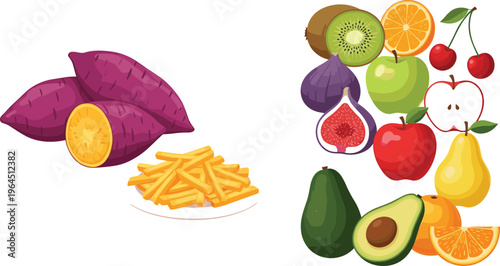 Fresh Fruit and Vegetable Vector Collection Featuring Sweet Potatoes, French Fries, Avocado, Apple, Pear, Kiwi, Fig, and Citrus for Healthy Eating Designs