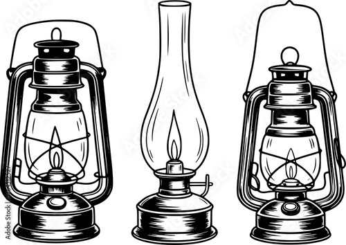 Vintage Oil Lamps Collection Black and White Line kerosene lantern