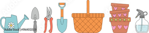 Gardening tools and accessories collection with watering can shovel pruners basket pots and spray bottle vector illustration set