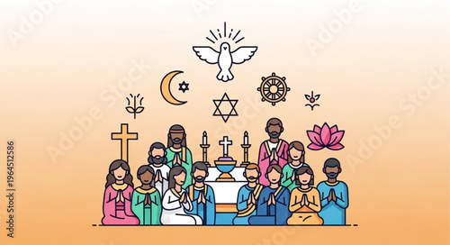 Diverse Religious Symbols and People Representing Interreligious Harmony and Tolerance.