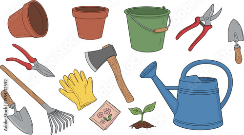 Gardening tools and equipment collection with pots watering can gloves pruners and shovel vector illustration set isolated