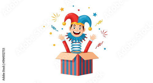 A colorful clown emerges from a red and blue striped box surrounded by festive confetti and stars on April Fools' Day