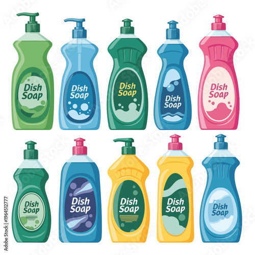 Assorted colorful dish soap bottles on white background cleaning supplies