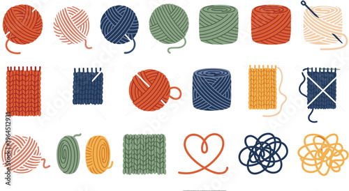 Knitting yarn balls, skeins and knitted fabric pieces collection with needles and threads, handmade crochet and knitting craft supplies vector illustration set