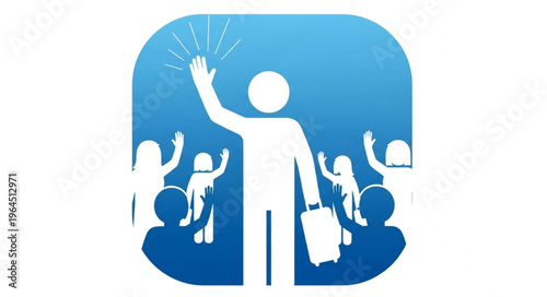 Silhouette of a leader waving to a crowd with a suitcase.