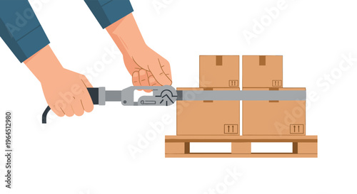 Two human hands, wearing a blue long-sleeved shirt, are operating an electric strapping tool to secure cardboard boxes on a wooden pallet.