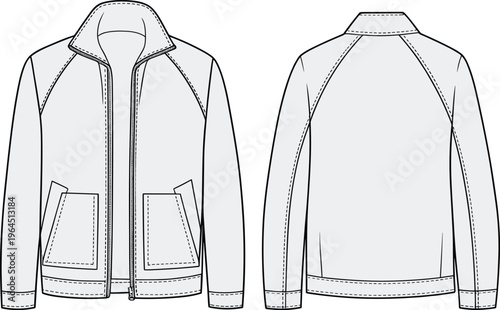 Zip up jacket vector illustration front and back view casual outerwear fashion apparel design technical drawing pocket detail template