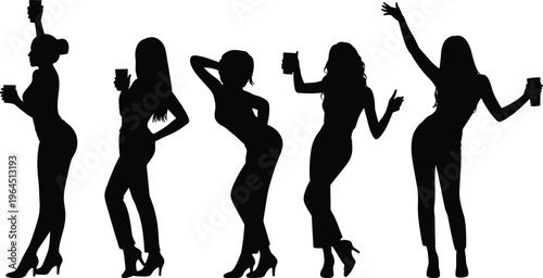 Women party silhouettes holding drinks dancing poses vector illustration nightlife celebration female figures isolated black design stylish social scene
