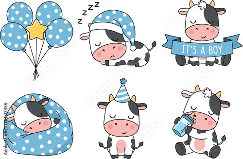 Cute baby cow vector set with balloons, sleeping calf, milk bottle and it's a boy banner cartoon illustration