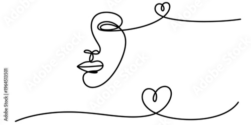 Minimalist continuous line art illustration featuring a human face profile and two small hearts