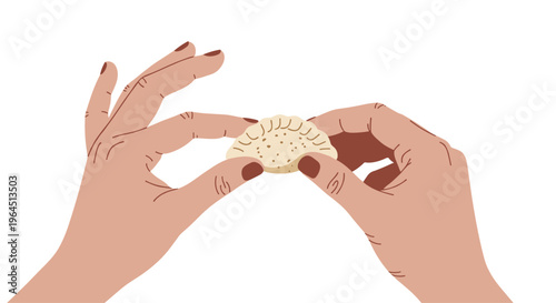 Two hands with manicured nails are carefully holding a small, round, crimped pastry against a plain white background.