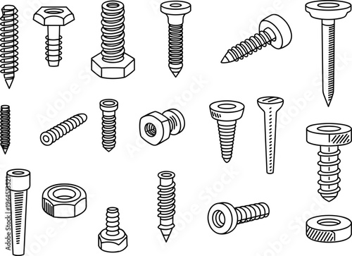 Set of screws, bolts, nuts and fasteners icons, detailed line drawing hardware collection isolated on white background for construction use
