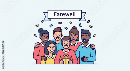 Group of Friends Celebrating Farewell with Gift and Confetti Illustration.