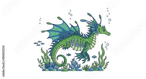 A beautifully illustrated green leafy sea dragon with intricate blue-green fins gracefully swims among diverse underwater plants and small fish.