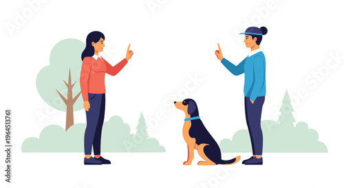 A woman and a man are training a black and tan dog, both pointing upwards, in a park with green trees.