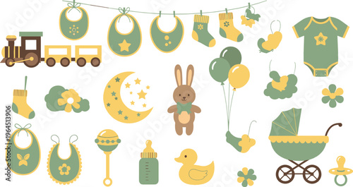 Cute baby shower vector set with bibs, stroller, pacifier, bottle, bunny toy and newborn clothes cartoon illustration