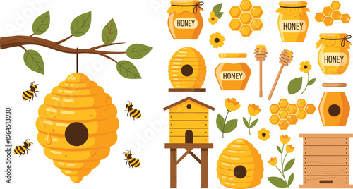 Honey and Beekeeping Vector Icon Set Featuring Beehives, Honey Jars, Bees, Honeycombs, Flowers, and Wooden Dippers for Organic Food and Apiary Designs