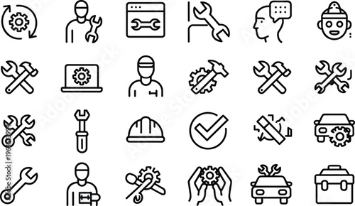 Repair service outline icons set, maintenance tools mechanic vector collection, wrench gear support technician minimal line illustration bundle design pack