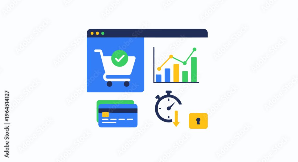 Fototapeta premium E-commerce Analytics & Secure Online Shopping Dashboard. Business Growth, Payment, Data Security & Efficiency.
