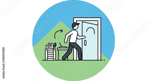 Man leaving office, door swinging shut, symbolizing departure or exit.
