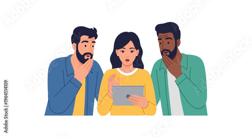 Three Diverse People Reacting with Shock and Surprise to Content on a Digital Tablet, Expressing Astonishment and Amazement. Modern Vector Illustration.