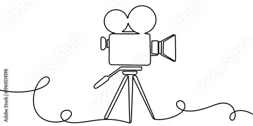 A continuous single line drawing of an old fashioned vintage movie camera on a wooden tripod stand