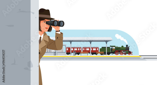 A woman in a trench coat and fedora peeks from behind a grey wall, holding binoculars, observing a classic steam train at a station.