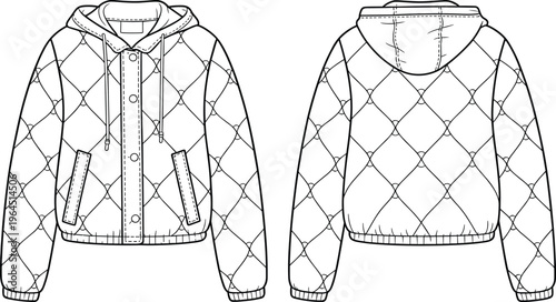 Quilted hooded jacket vector illustration front and back view stylish winter outerwear fashion design technical drawing isolated apparel template mockup
