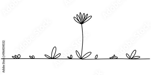 A simple black and white line drawing of a single delicate flower growing in a field of grass