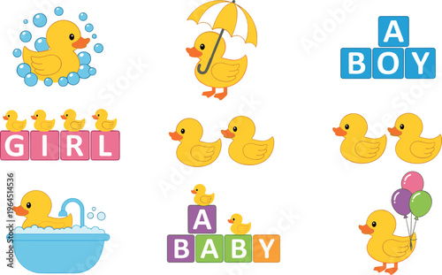 Cute baby duck vector set with bath time, umbrella, balloons and baby shower words cartoon nursery illustration collection