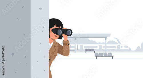 A woman in a brown coat peeks from behind a gray concrete wall, looking through black binoculars towards a distant, minimalist train station.