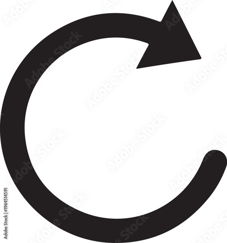 Black refresh arrow icon, circular rotation symbol, clockwise turn sign, loading vector graphic