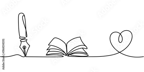 A continuous line drawing depicting a fountain pen an open book and a heart shape for romance