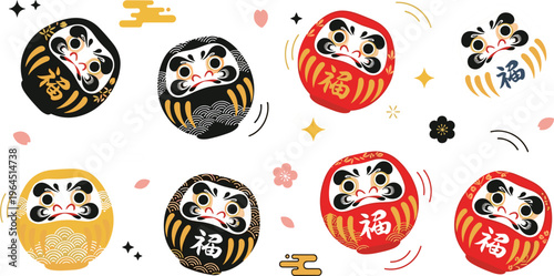 Japanese Daruma dolls collection with red, black and gold lucky talismans, traditional good luck charm vector illustration set for Asian culture design