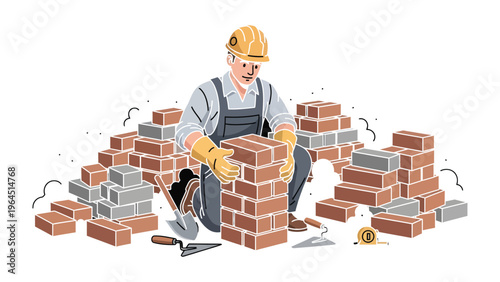 Building Block Architect: A diligent builder meticulously arranges bricks, focused on constructing a sturdy foundation. Demonstrating the essence of construction with precision and skill.