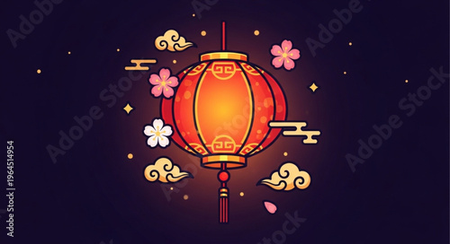 Vibrant Chinese Lantern Surrounded by Blossoms and Clouds.