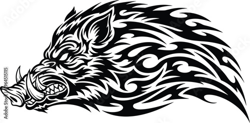 Powerful black wild boar head silhouette featuring aggressive tribal design with sharp tusks and flaming mane isolated on white background for sports team