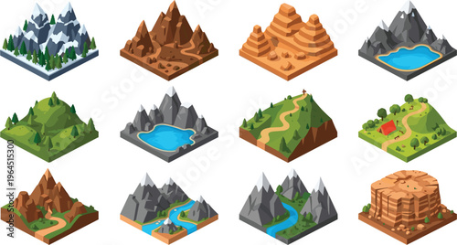 Isometric Mountain Landscape Vector Set with Rivers, Lakes, Hills, Forests, and Natural Terrain Map Elements for Game and Environment Design