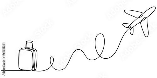 A single continuous line drawing of a travel suitcase connected to an airplane in flight design