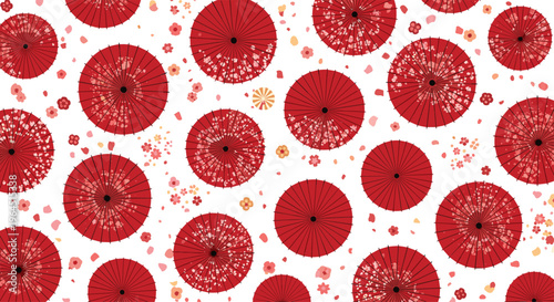 A dense, seamless pattern features numerous red Japanese wagasa umbrellas decorated with white cherry blossoms and scattered small pink and yellow flowers on a white background.