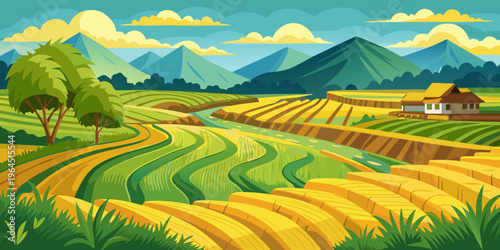 Above golden paddy field during harvest season. Beautiful field sown with agricultural crops and photographed from above. top view agricultural landscape areas the green and yellow rice