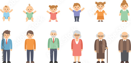 Human Life Stages Cartoon Vector Set with Baby, Children, Adults, and Elderly People Characters Showing Aging Process and Family Generation Illustration